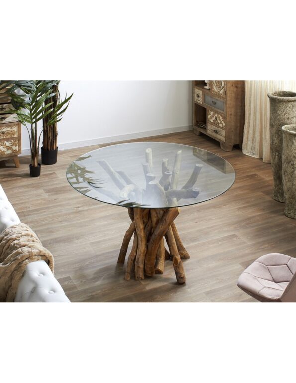 MESA COMEDOR TRONCOS TECA C/VIDRIO 130DX77 CMS.