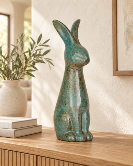 Conejo decorativo de cerámica turquesa sobre mueble de madera en salón.