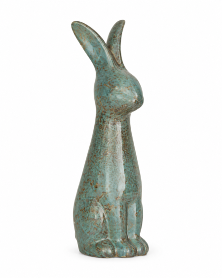 Figura de conejo de cerámica turquesa envejecida de 40 cm.