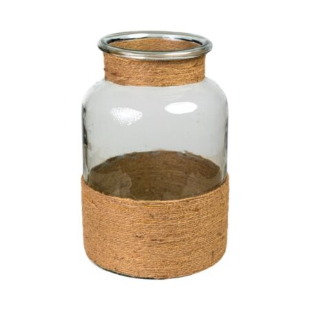 Florero de vidrio con forrado de yute natural decorativo