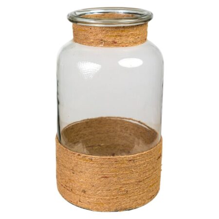 Florero alto de vidrio con yute natural de 36 cm