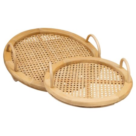 Set de bandejas redondas de bambú natural con asas
