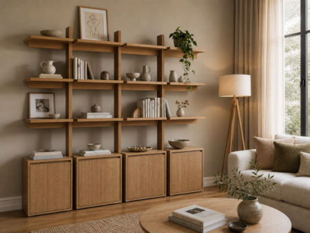 Estantería de fresno con 4 puertas y estantes decorando salón moderno