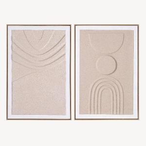 Set de cuadros abstractos en relieve tonos beige con marco madera