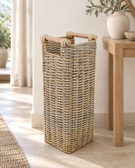 Paragüero imitación ratán con asas de madera en recibidor